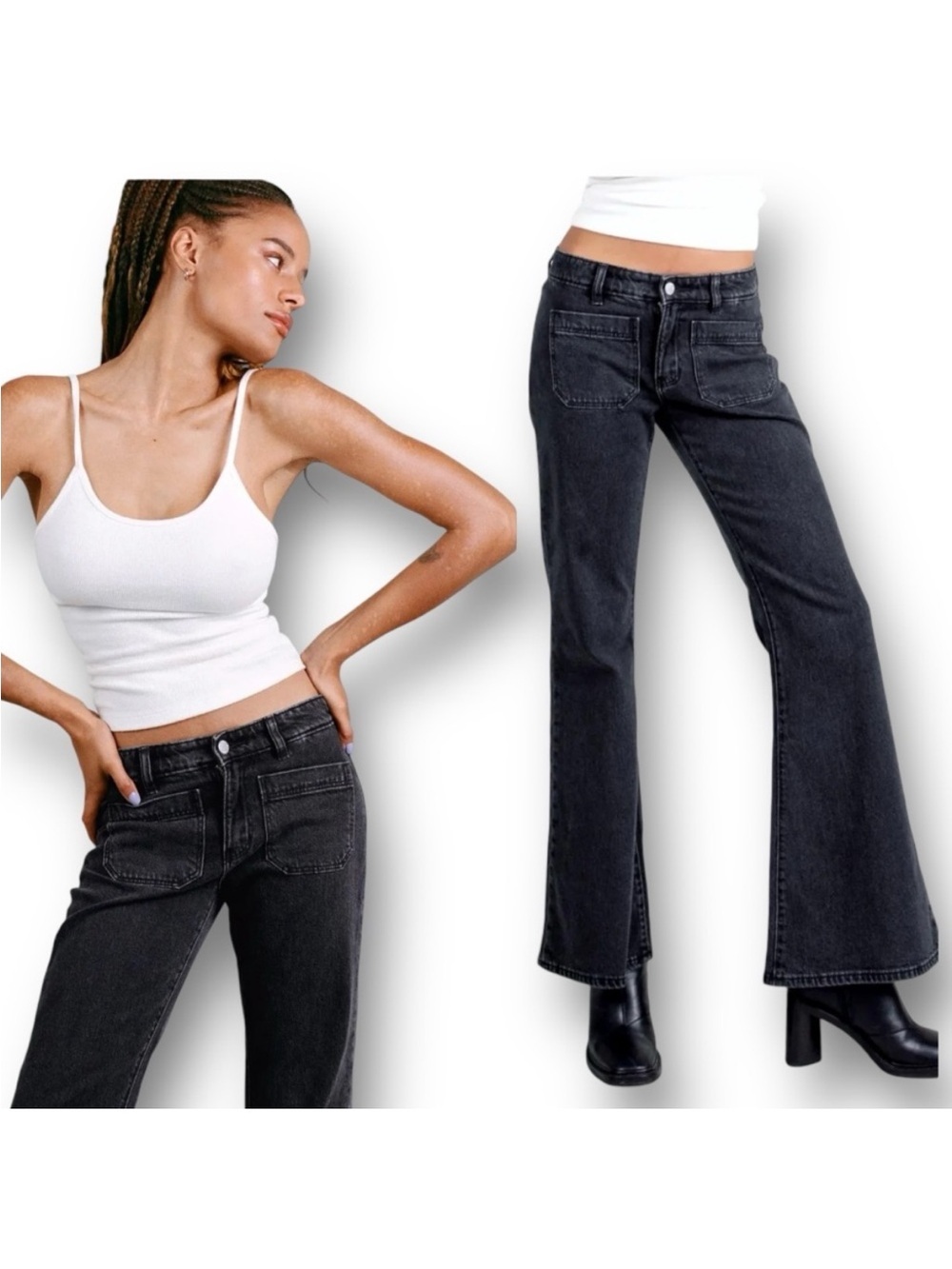 Rolla's Sailor Low Flare Jeans 25 Washed Black Low Rise Patch Pocket 31" Inseam